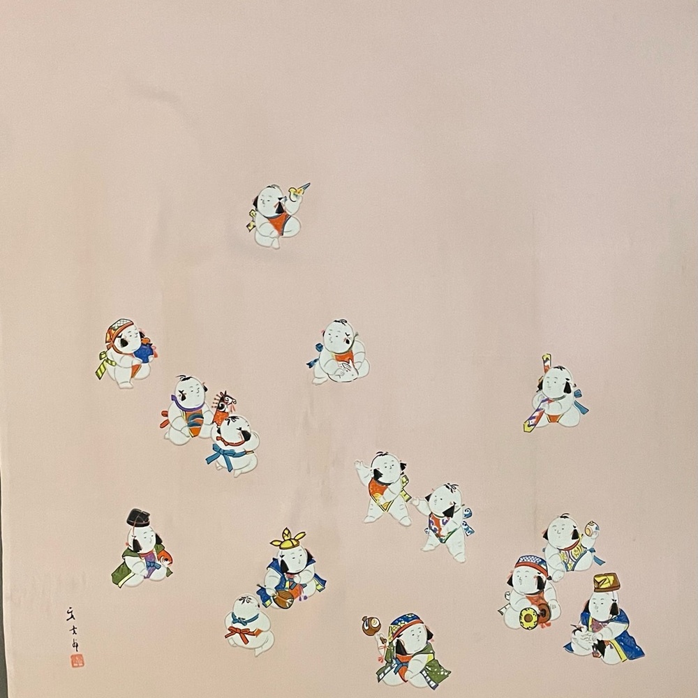 Charming Vintage Japan Sumo Baby Print Scarf 29 In Very Good Condition - Picture 10 of 10